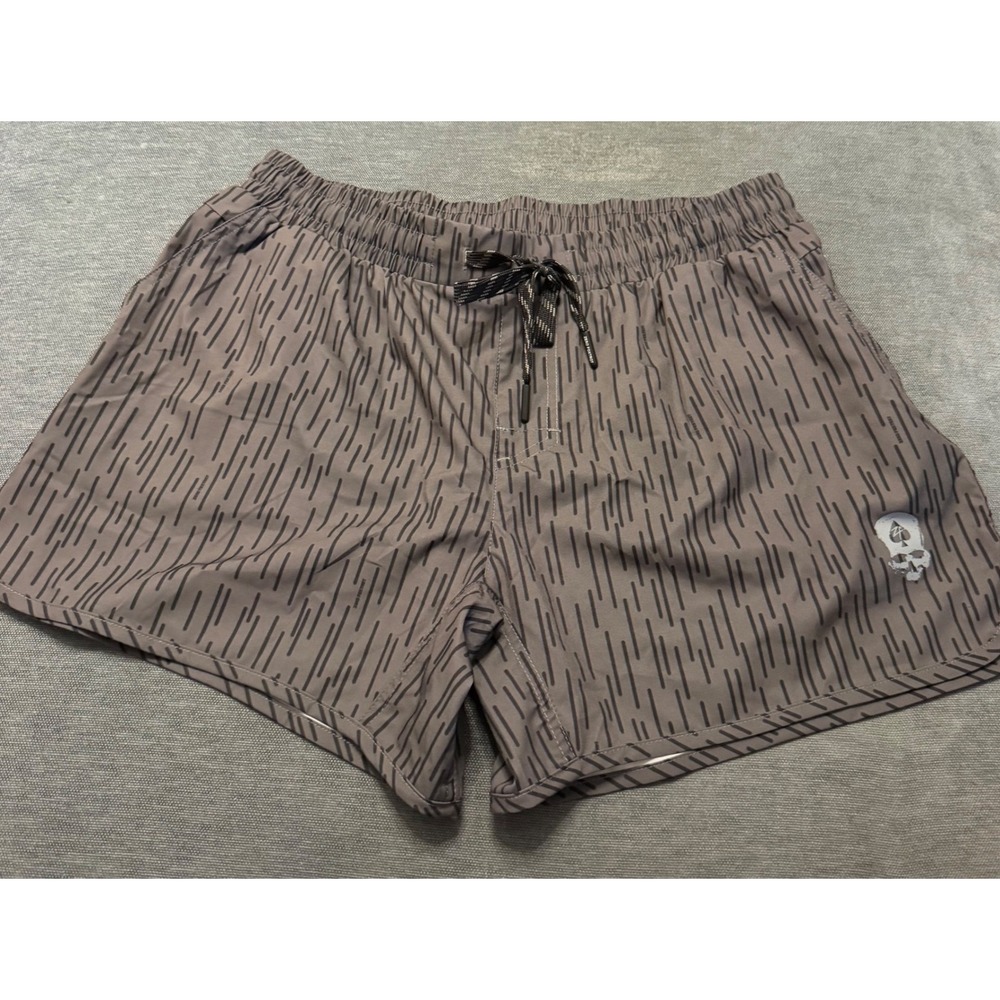 Zero Foxtrot Mens XL Rain Camo Workout Shorts Grey Skull Spade Zipper Pocket